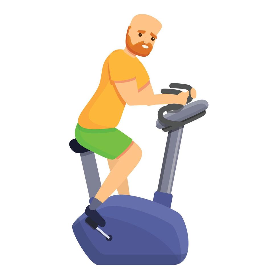 Red hair man exercise bike icon, cartoon style vector