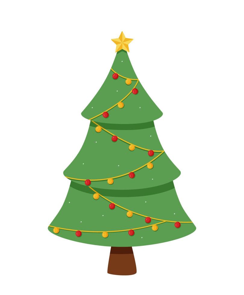 Christmas tree is traditionally decorated with toys and garlands. Vector illustration symbol of Christmas and New year.