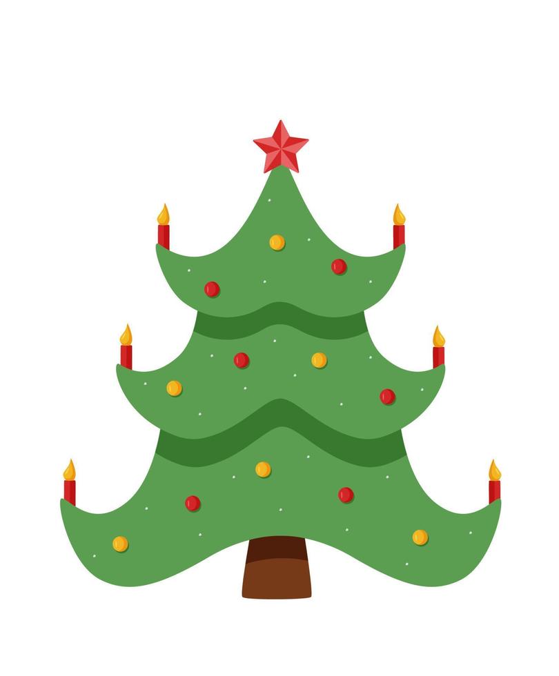 Christmas tree is traditionally decorated with toys and garlands. Vector illustration symbol of Christmas and New year.