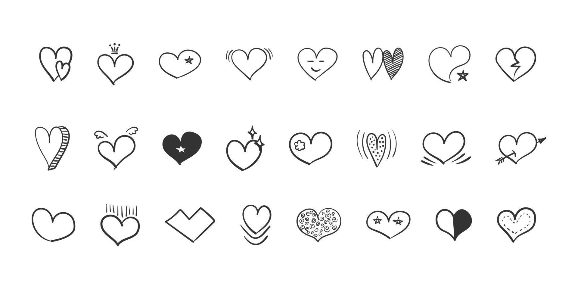 Heart icons set. Doodle hearts. Hand Drawn icon hearts isolated on white background. Trendy design. Vector illustration