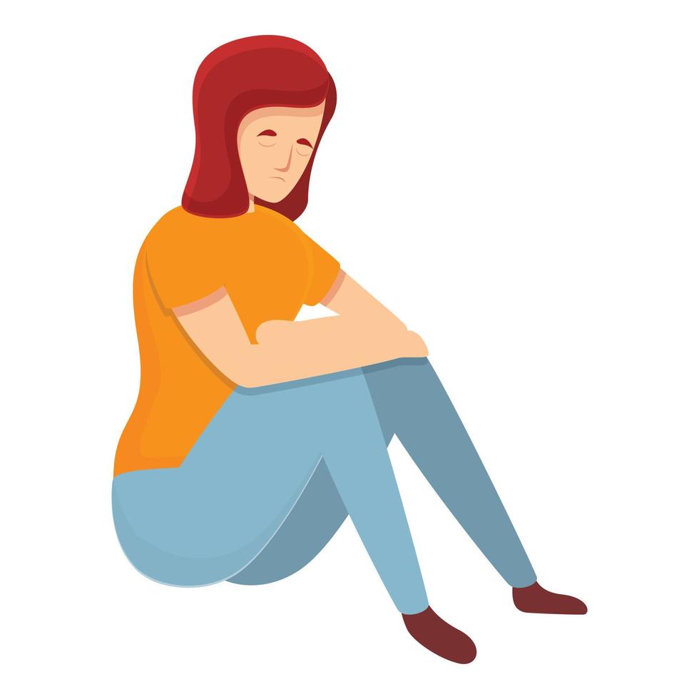 Depressed girl icon, cartoon style vector