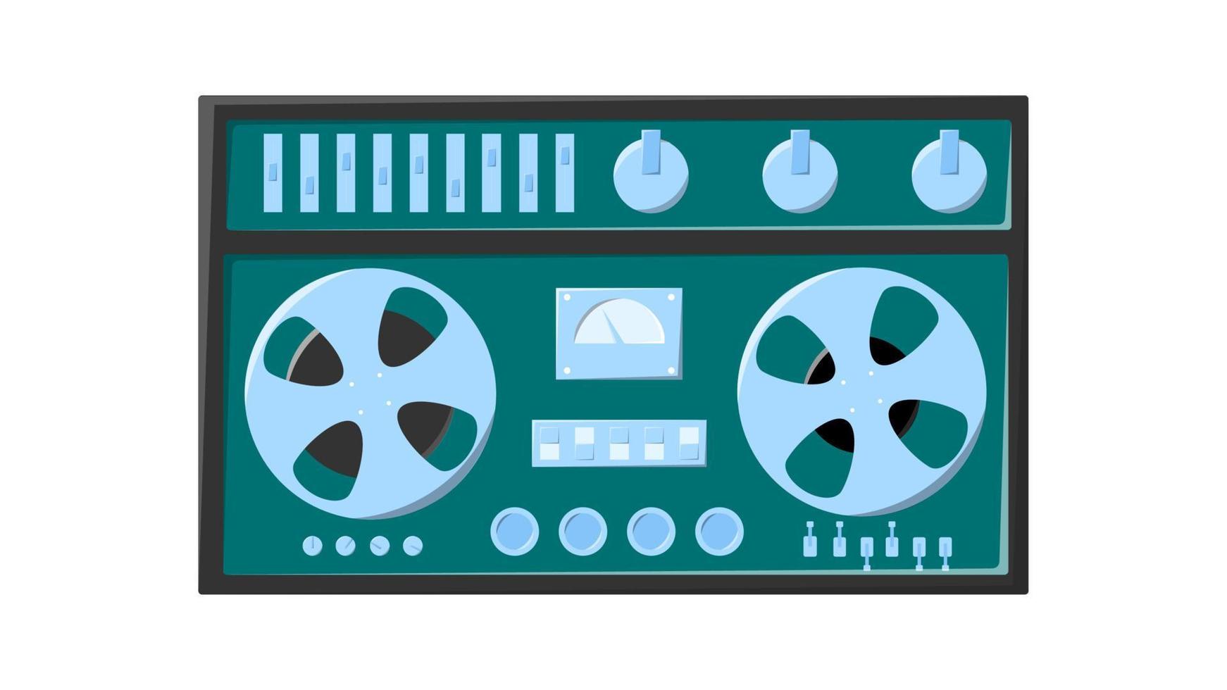 Old retro green vintage music cassette tape recorder with magnetic tape babbin on reels and speakers from the 70s, 80s, 90s. Beautiful icon. Vector illustration