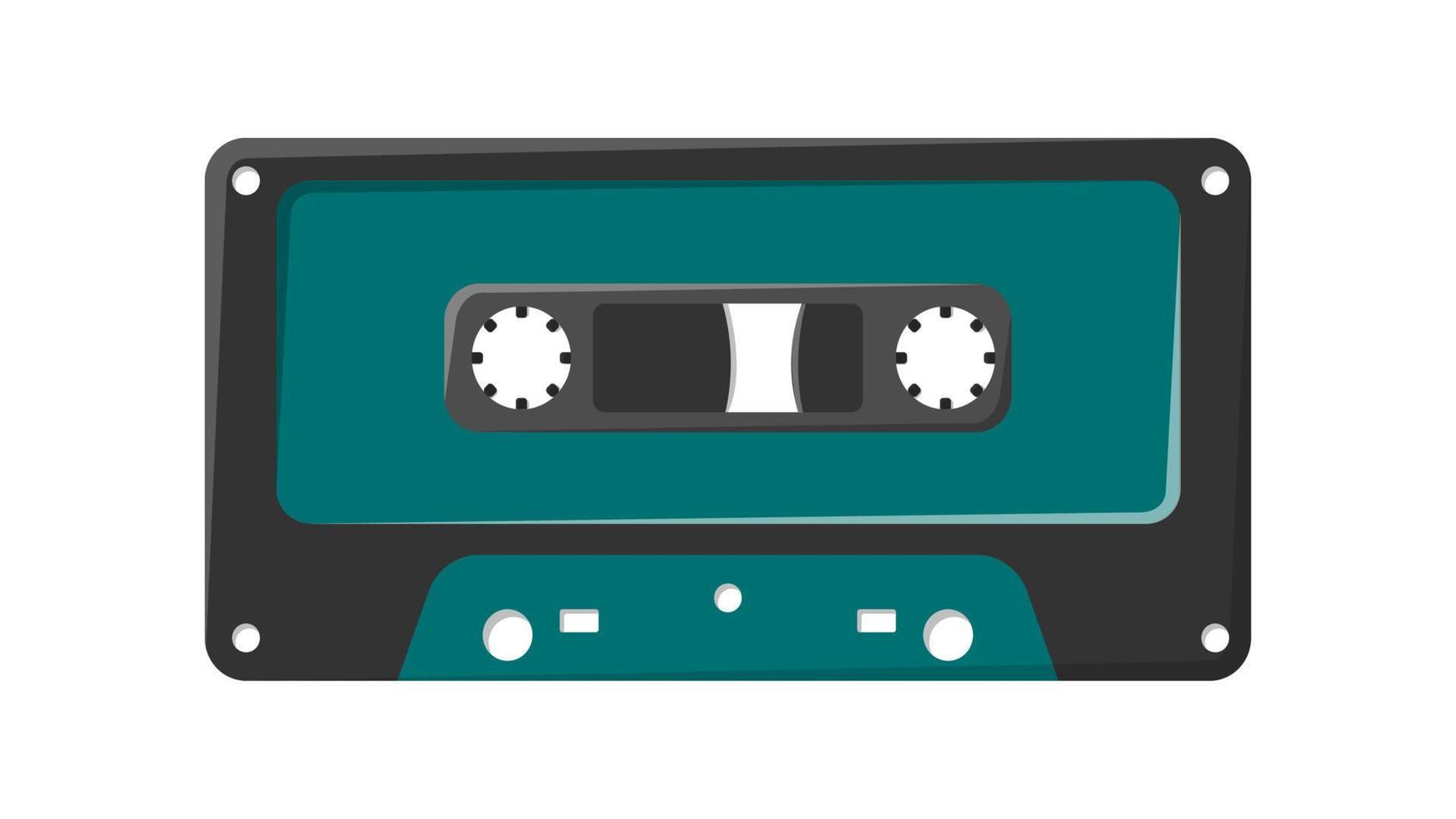 Old retro vintage green music audio cassette for audio tape recorder with magnetic tape from 70s, 80s, 90s. Beautiful icon. Vector illustration