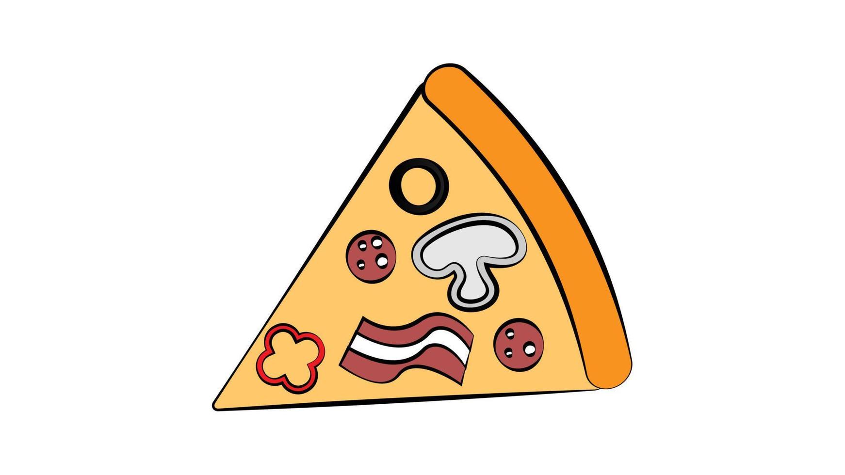 rebanada de pizza en masa fina, sobre un fondo blanco, ilustración vectorial. pizza con relleno, verduras, champiñones, carne y salchichas. apetitosa porción de pizza, merienda de comida rápida vector