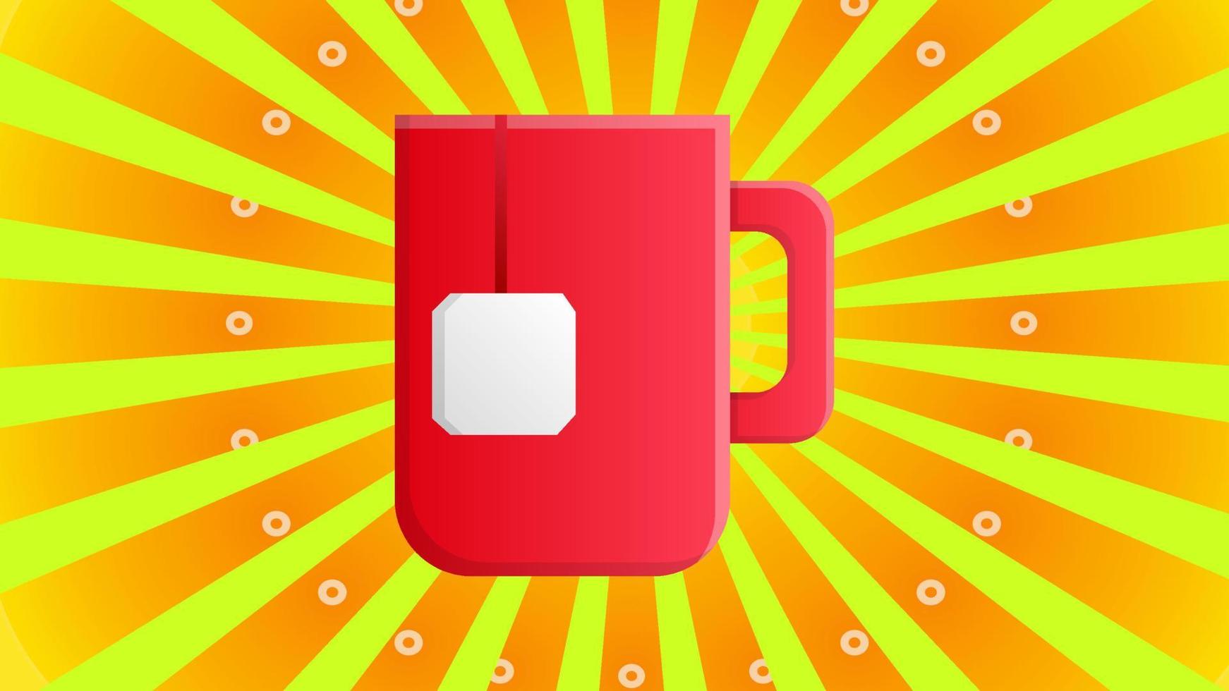 taza de té rojo con una bolsita de té en el interior sobre un fondo retro amarillo, ilustración vectorial. té con una bolsita de té desechable. presupuesto de té cerimonium. té rápido, comida rápida vector