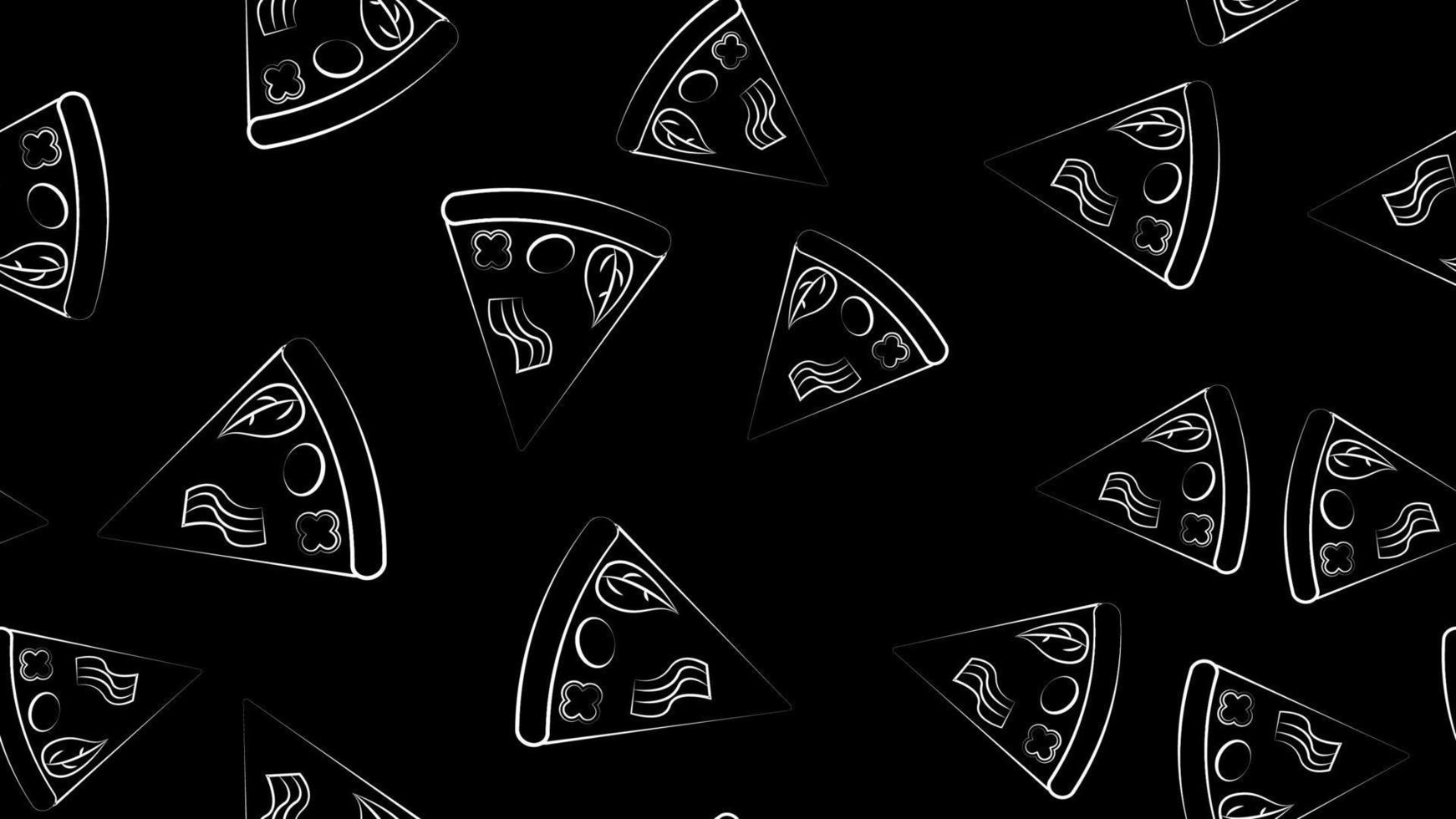 slice of pizza on a thin crust, on a black background, vector illustration, pattern. pizza stuffed with meat, mushrooms and herbs. pattern, kitchen decoration, stylish wallpaper