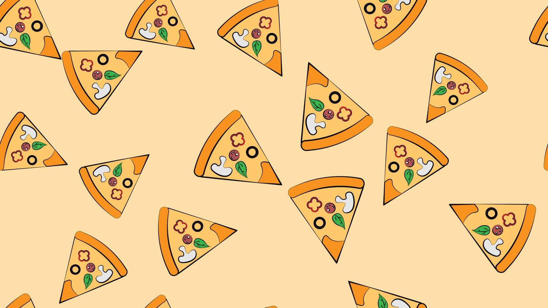 slice of pizza on thin dough, on a pink background, vector illustration, pattern. pizza stuffed with meat and herbs, cheese. design and decor of kitchen, wallpaper, fast food and catering