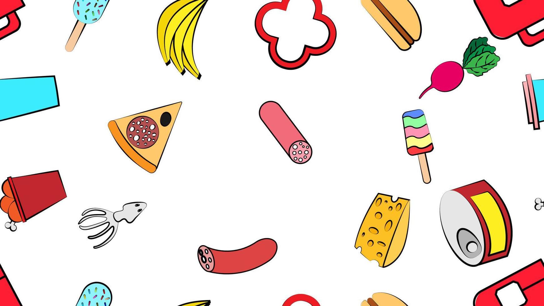 Endless white seamless pattern from a set of icons of delicious food and snacks items for a restaurant bar cafe pizza, sausage, vegetables, cheese ice cream, tea, coffee, burger. The background vector