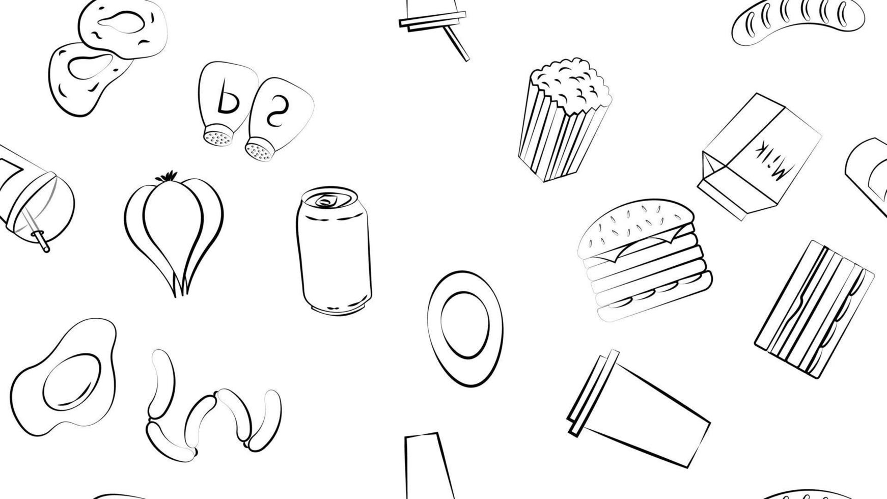 Black and white endless seamless pattern of food and snack items icons set for restaurant bar cafe sandwich, burger, soda, drink, popcorn, lemonade, sausage. The background vector