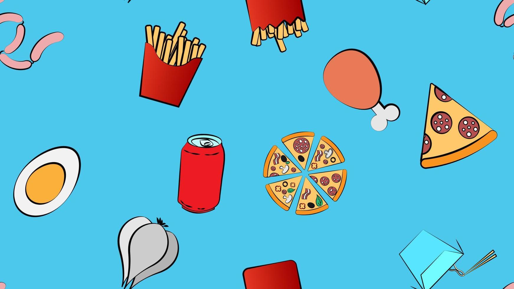 Endless blue seamless pattern of a set of icons of delicious food and snacks items for a restaurant bar cafe burger, pizza, fries, ice cream, soda, noodles, sausage, garlic. The background vector