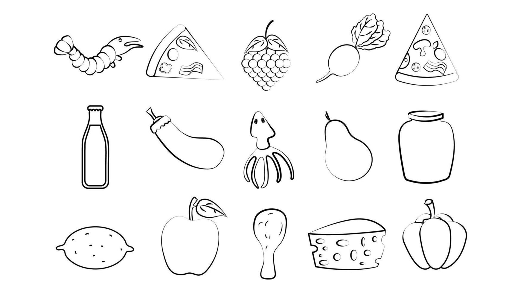 Black and white set of 15 food and snack items icons for restaurant bar cafe shrimp, pizza, grapes, radish, soda, eggplant, squid, apple, cheese, lemon. The background vector