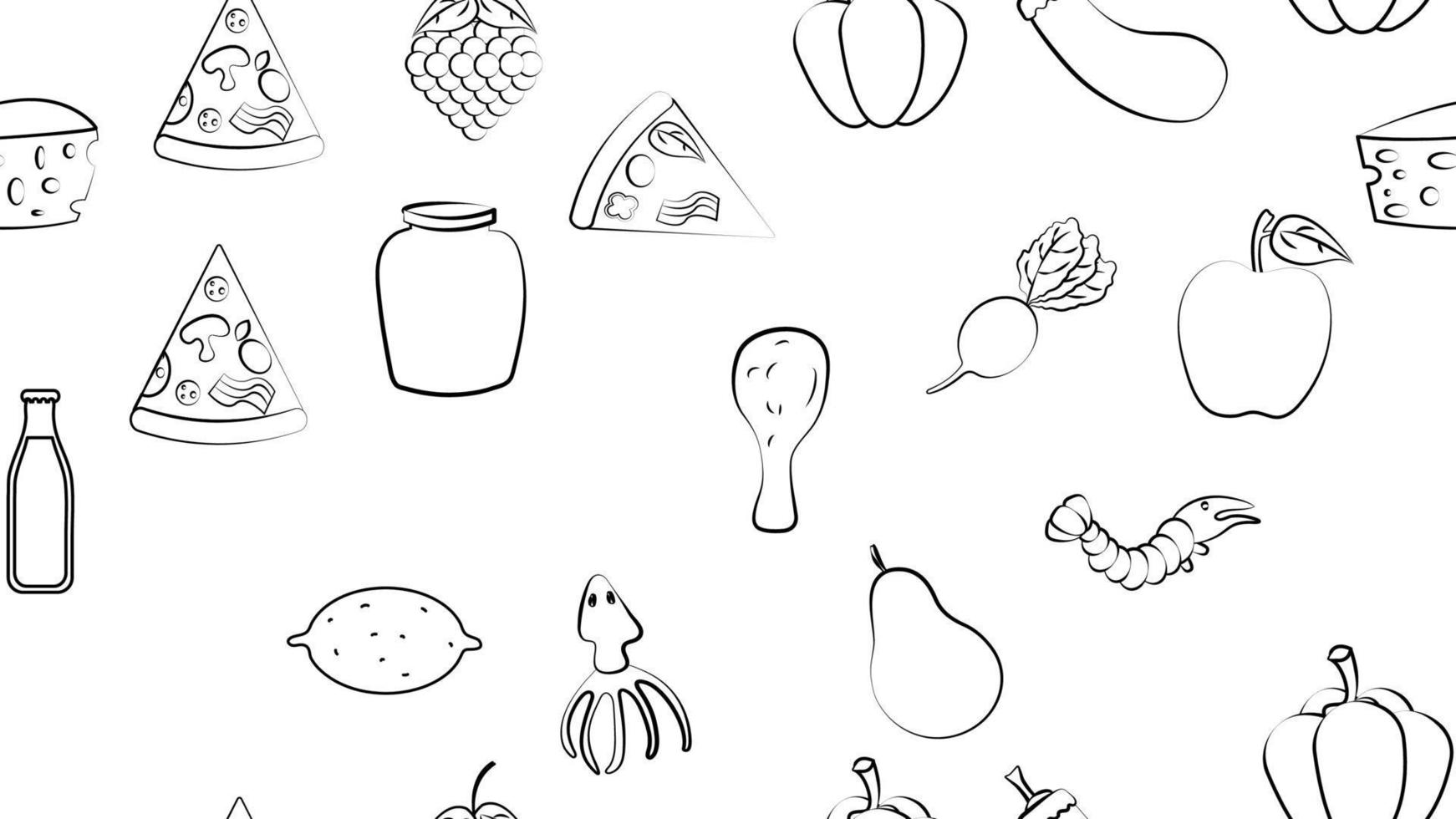Black and white endless seamless pattern of food and snack items icons set for restaurant bar cafe shrimp, pizza, grapes, radish, soda, eggplant, squid, apple, cheese, lemon. The background vector