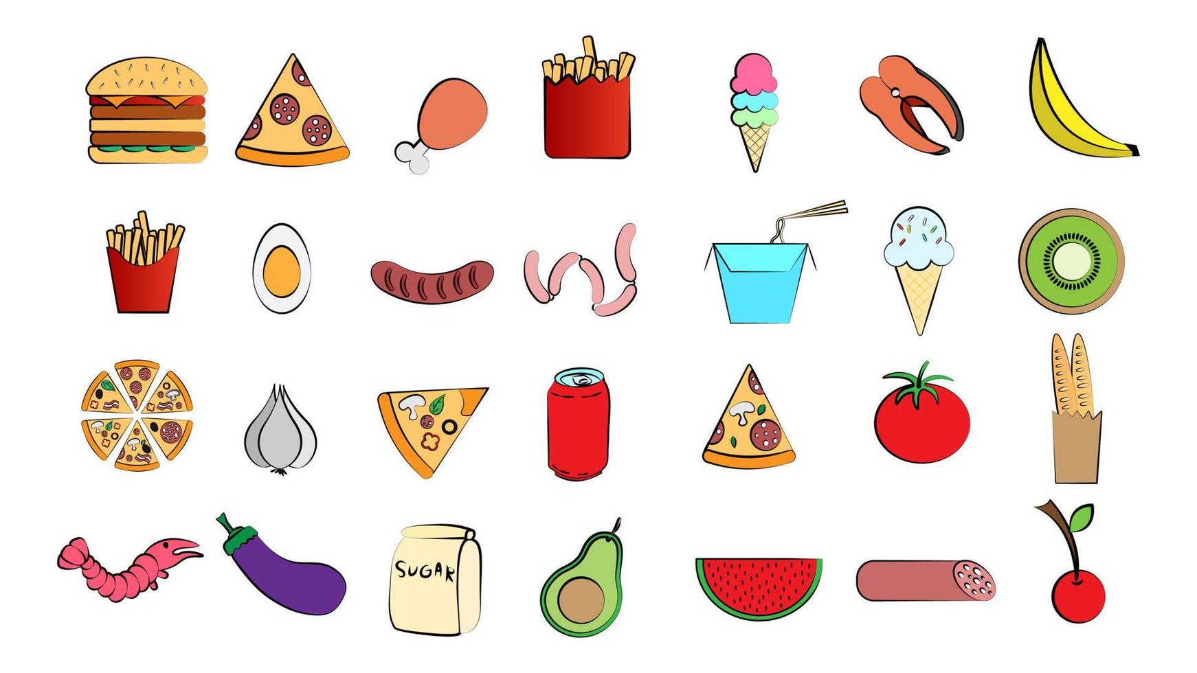 A set of 28 icons of delicious food and snacks items for a restaurant bar cafe on a white background ice cream, burger, pizza, sausage, drink, egg, tomato, garlic, mango, watermelon vector