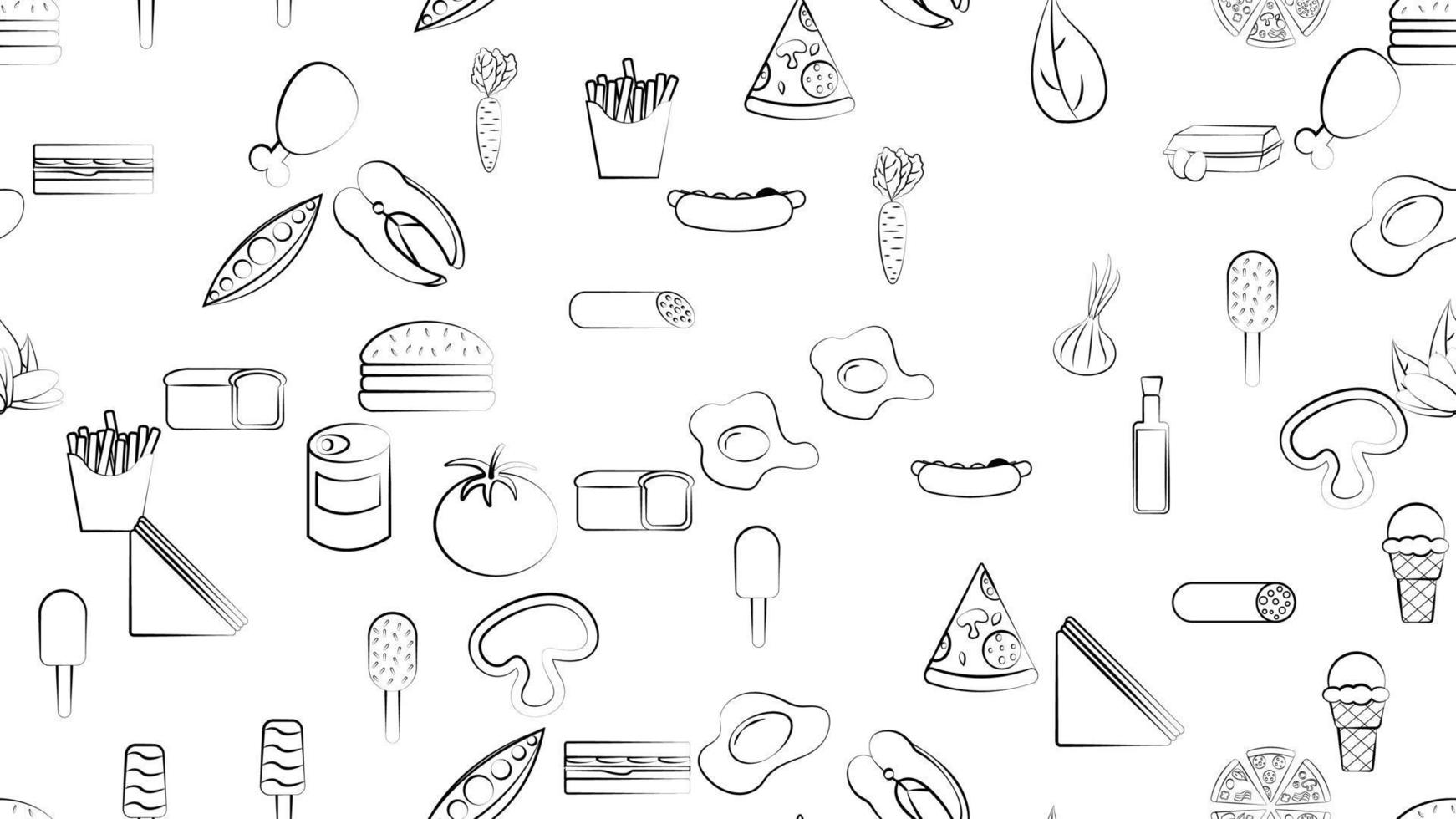 Black and white endless seamless pattern of food and snack items icons set for restaurant bar cafe hot dog, ice cream, greens, chicken, fries, eggs, pizza, fish, canned food, eggs. The background vector
