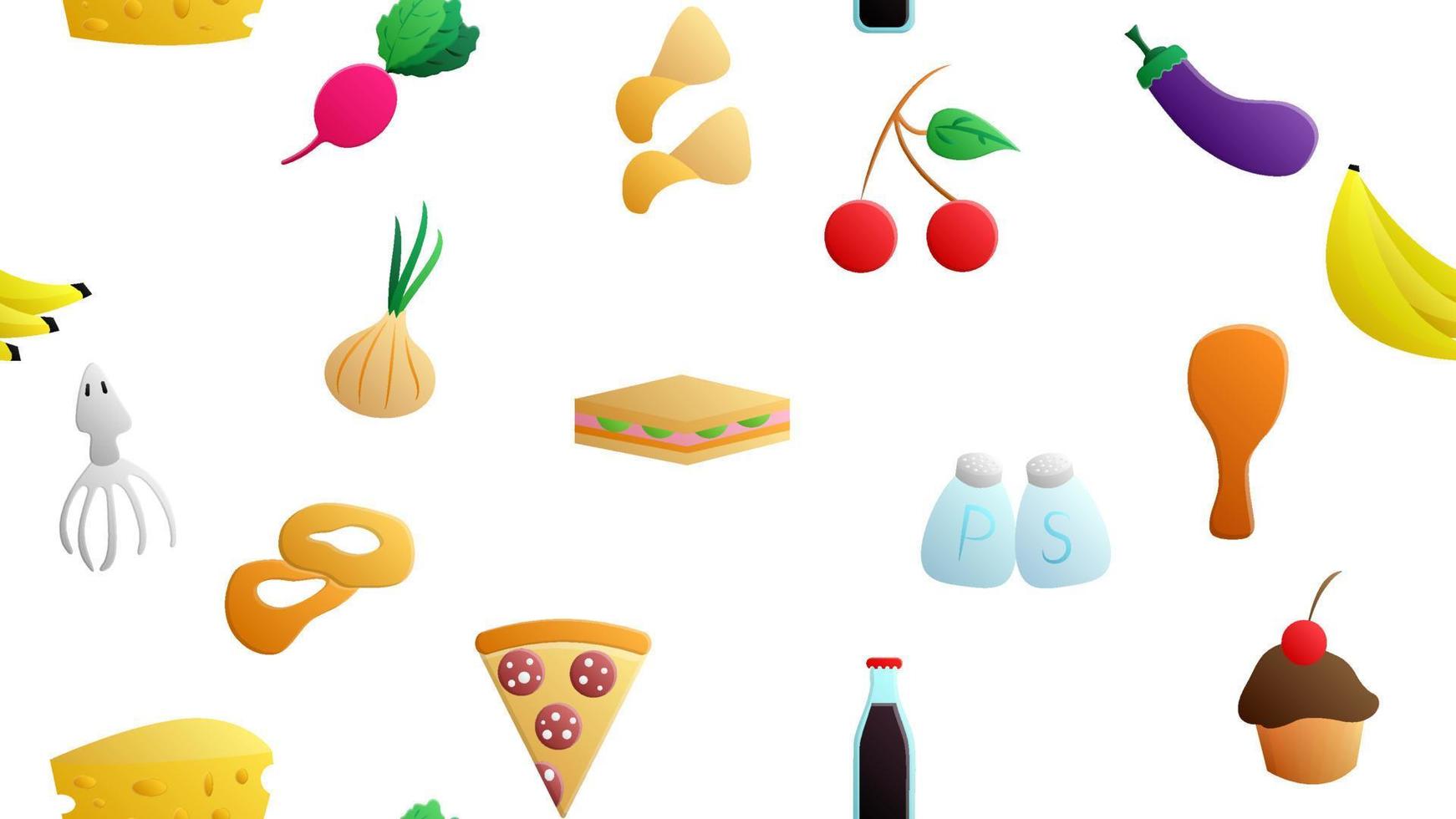 Endless white seamless pattern of delicious food and snack items icons set for restaurant bar cafe ice cream, vegetables, fruits, seafood, baked goods. The background vector