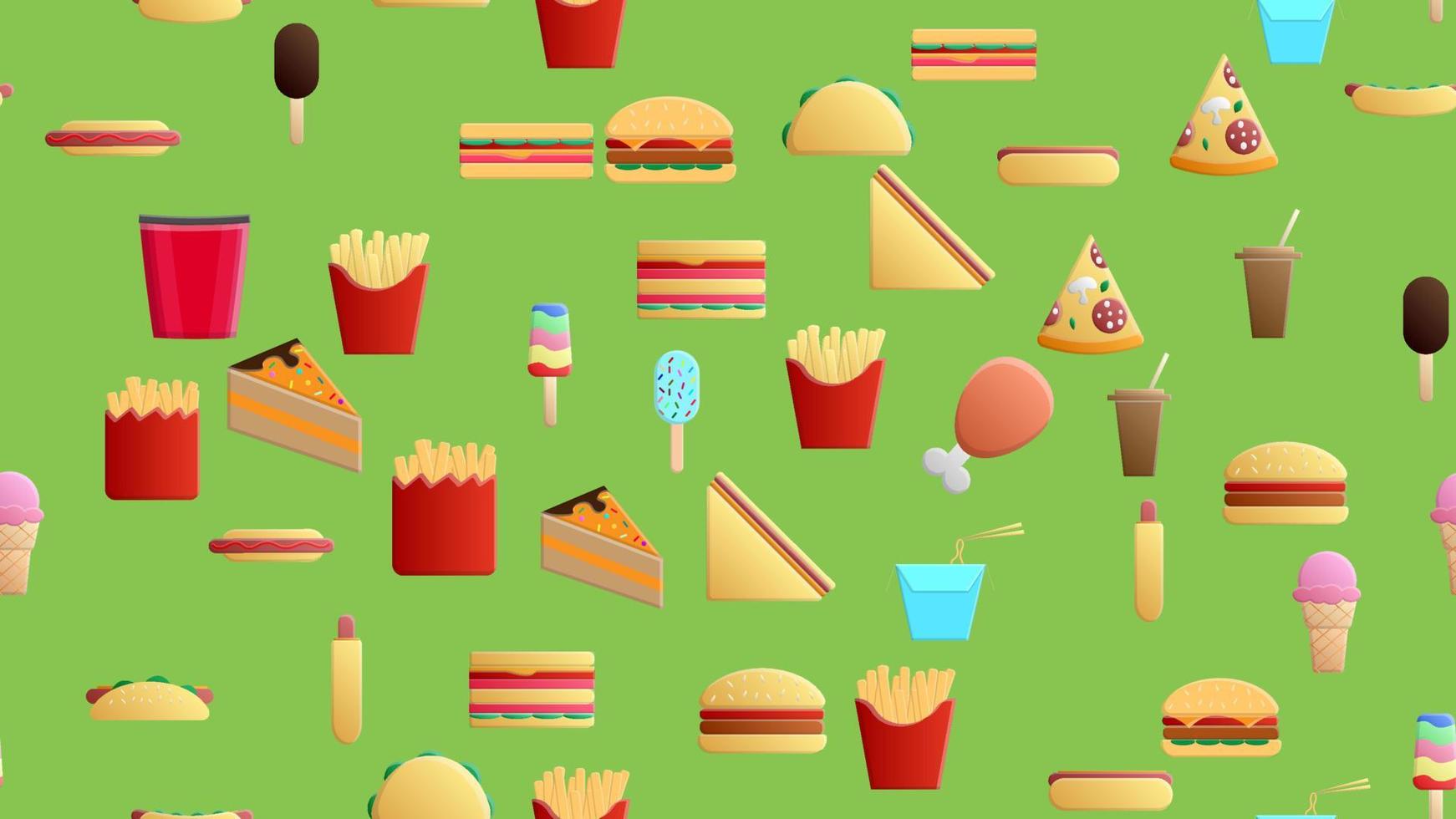 Endless green seamless pattern of delicious food and snack items icons set for restaurant bar cafe fries, hotdog, sandwich, cake, ice cream, popcorn, burger. The background vector