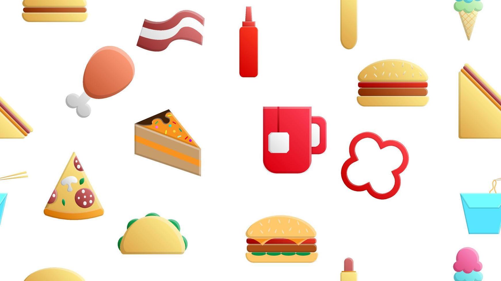 Endless white seamless pattern of delicious food and snack items icons set for restaurant bar cafe burger, hot dog, sandwich, pizza, burrito, drink, noodles, ketchup, pepper. The background vector