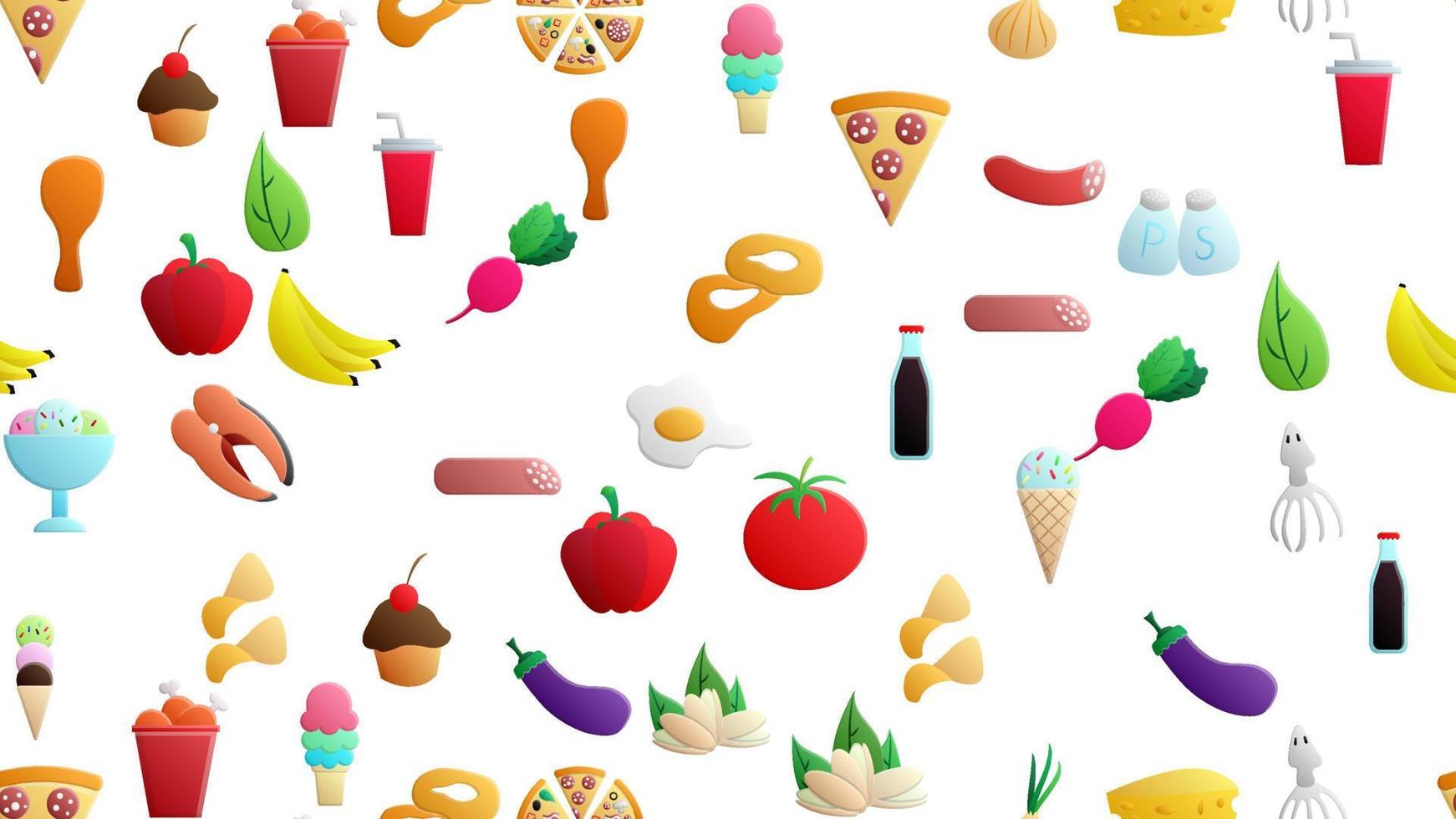 Endless white seamless pattern of delicious food and snack items icons set for restaurant bar cafe pizza, nuts, fish, chicken, sausage, soda, pepper, tomato, fruits, vegetables. The background vector