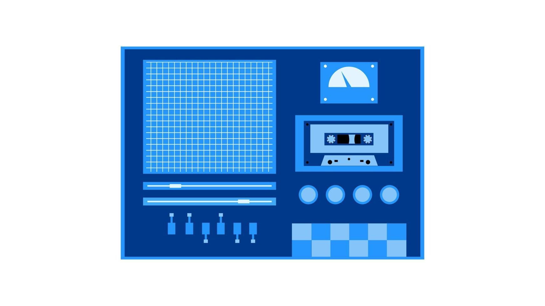 Old retro blue vintage music cassette tape recorder with magnetic tape on reels and speakers from the 70s, 80s, 90s. Beautiful icon. Vector illustration