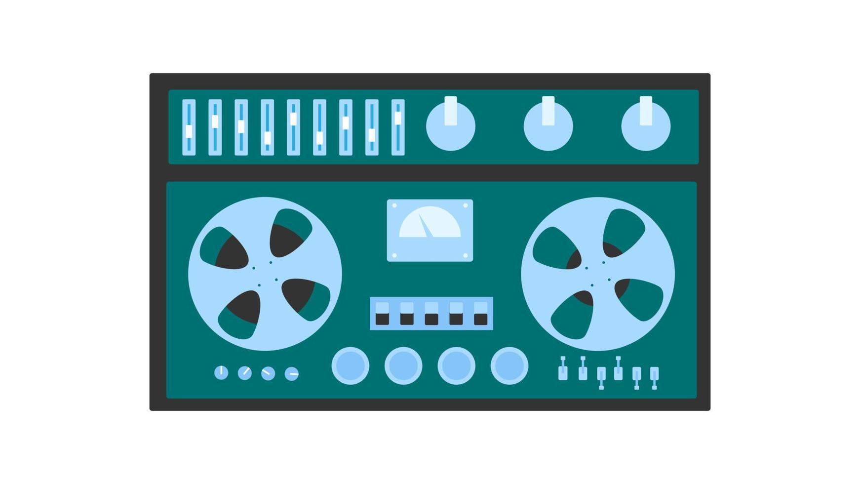 Old retro green vintage music cassette tape recorder with magnetic tape babbin on reels and speakers from the 70s, 80s, 90s. Beautiful icon. Vector illustration