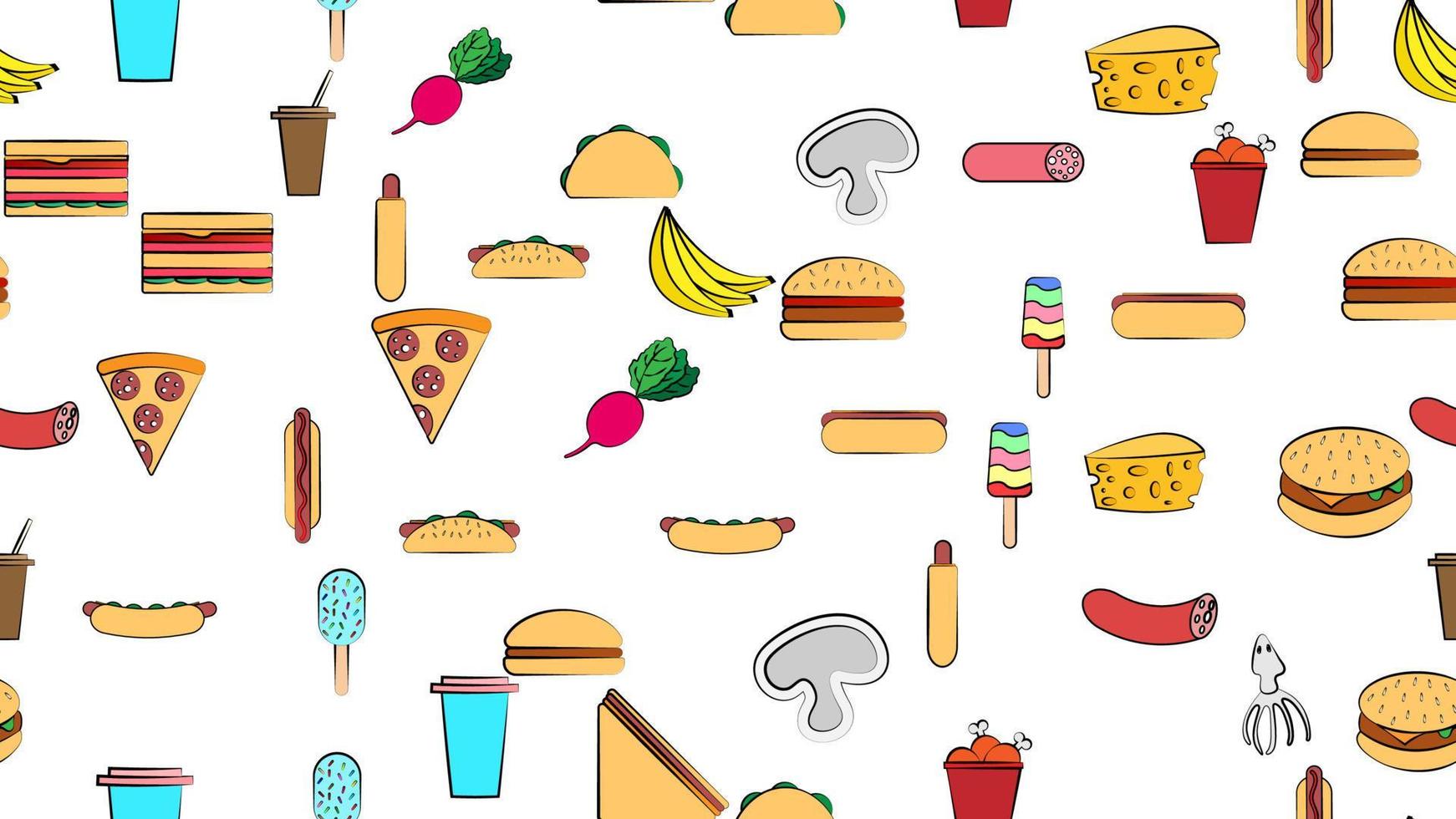 Endless white seamless pattern of delicious food and snack items icons set for restaurant bar cafe burger, coffee, hot dog, sandwich, soda, sausage, ice cream, cheese. The background vector