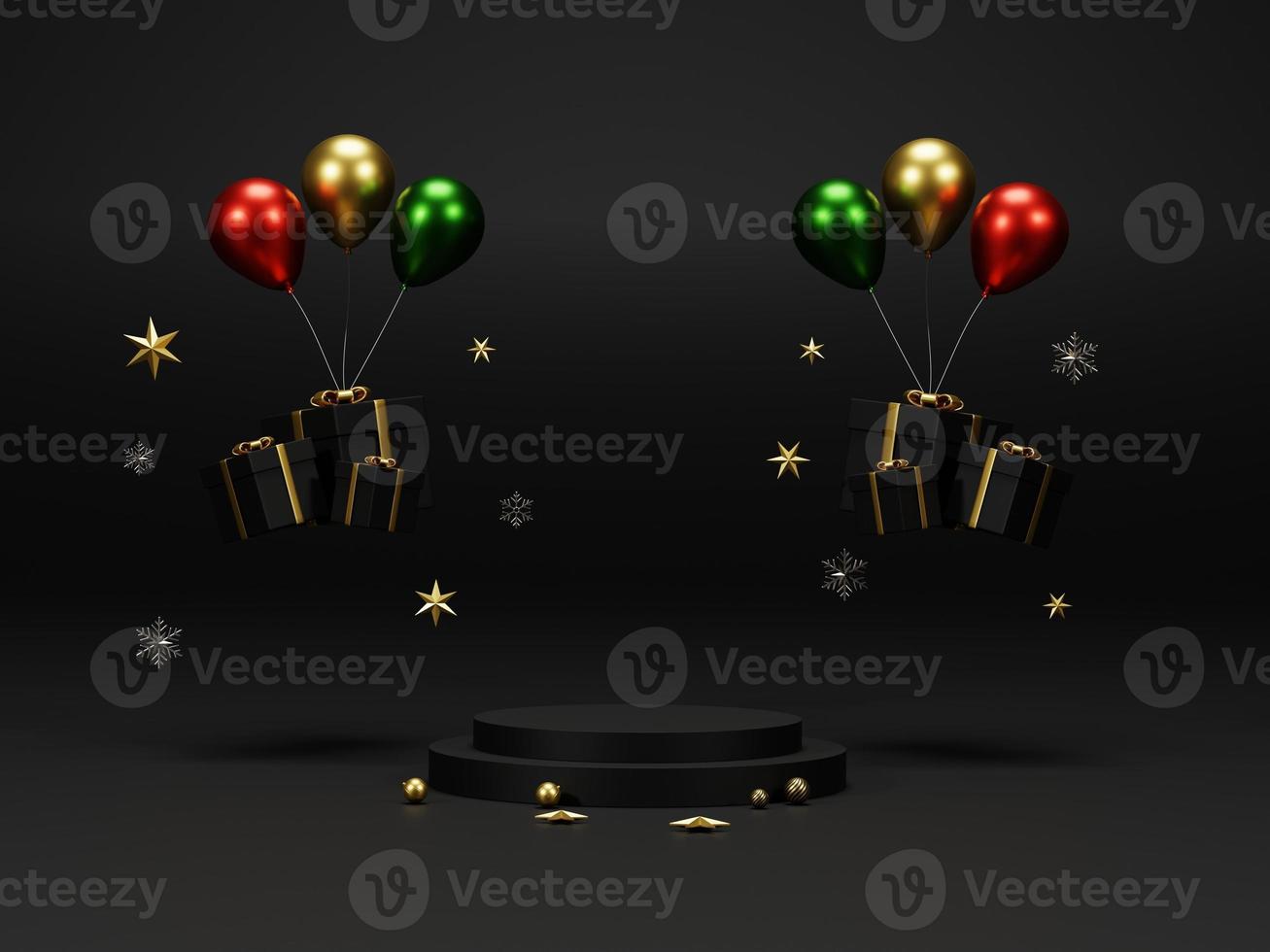 Background 3d rendering for Christmas and new year with gold and black colors Background. Gift box with balloon and circle podium on gold and black colors background. 3D illustration photo