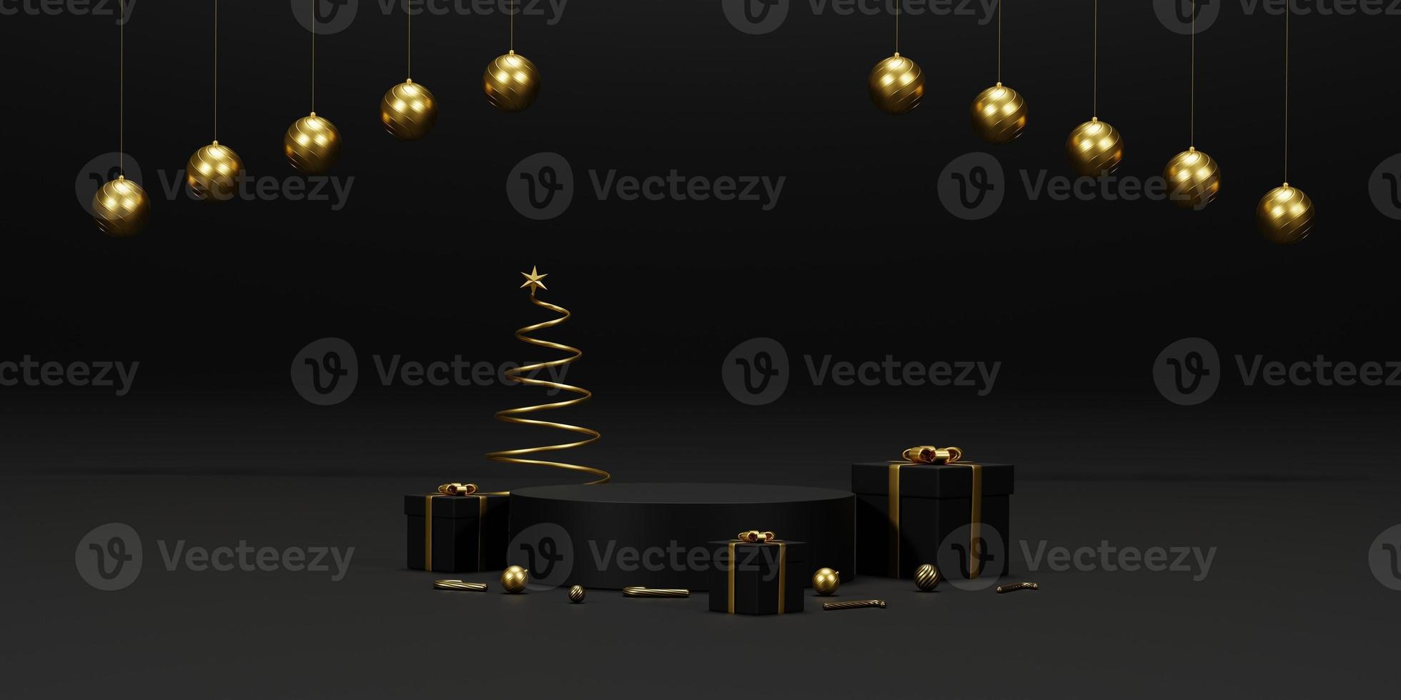 Background 3d rendering for Christmas and new year with gold and black colors Background. Gift box and ball decoration and circle podium on gold and black colors . 3D illustration background. photo