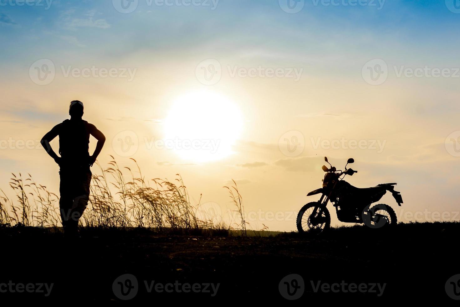 man with motocross beautiful light mountain independent adventure tourism concept photo