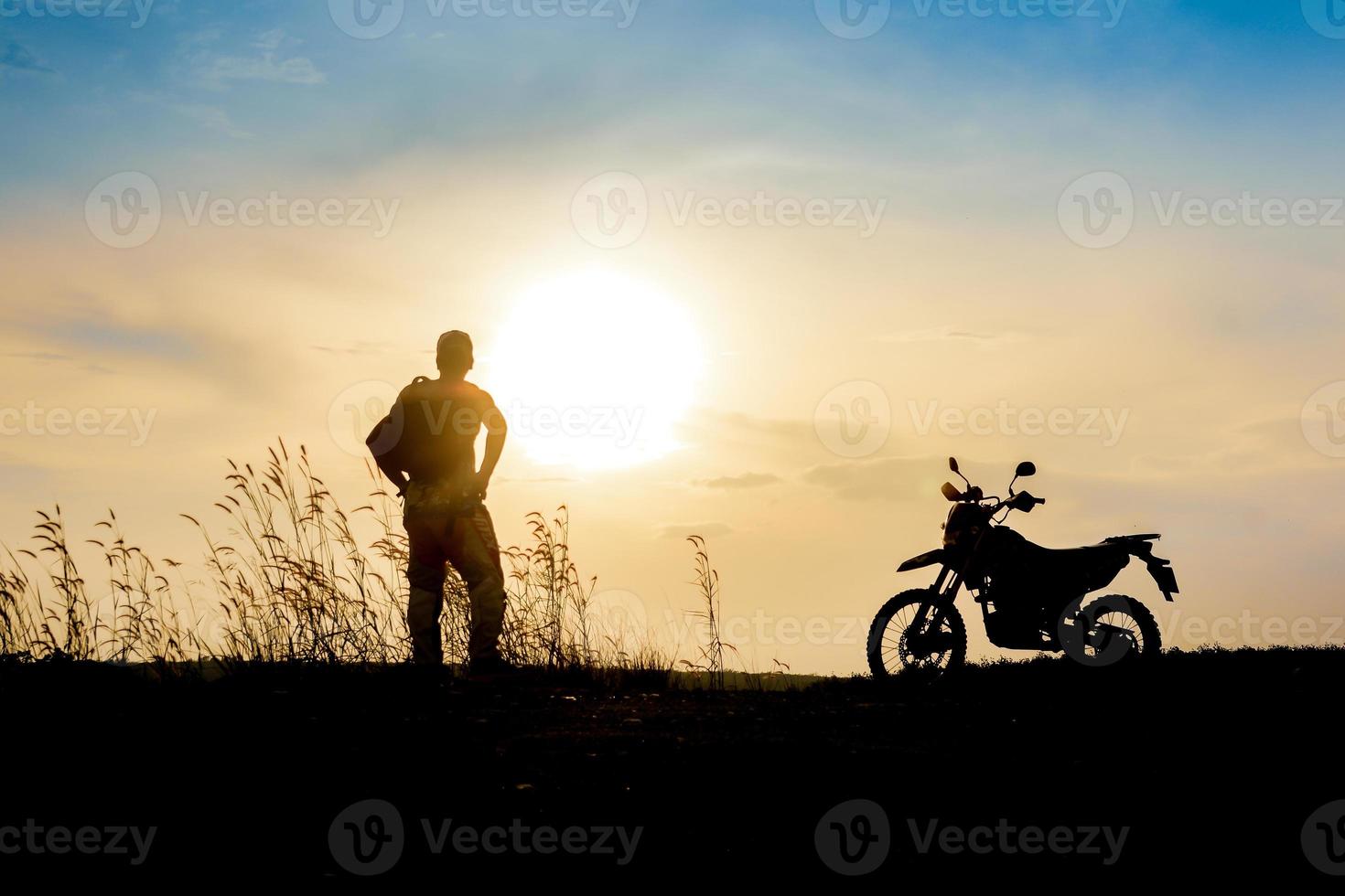 man with motocross beautiful light mountain independent adventure tourism concept photo