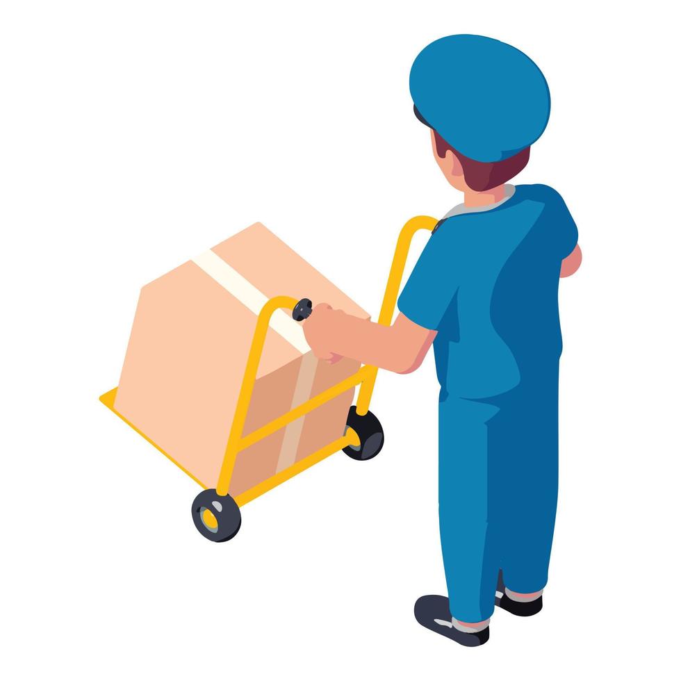 Postman take parcel cart icon, isometric style vector