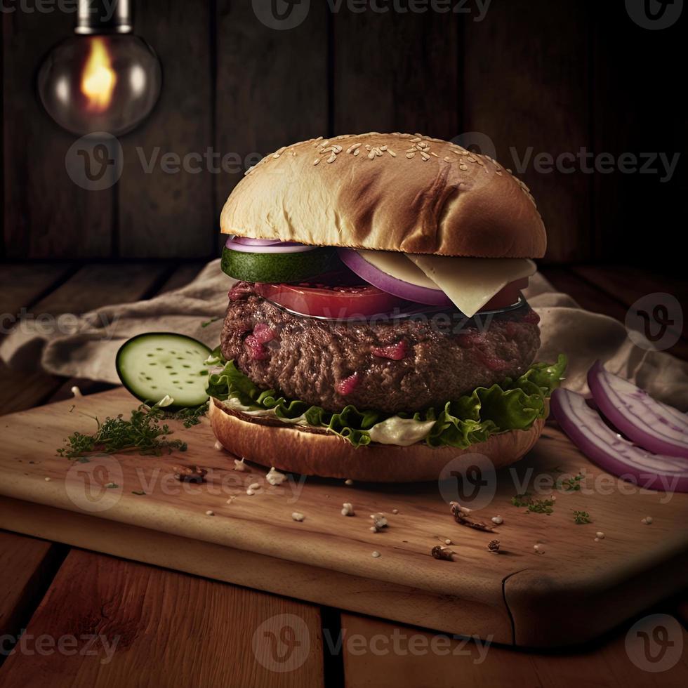 Delicious homemade steakburger on an old wooden table. Fat unhealthy food close-up. photo