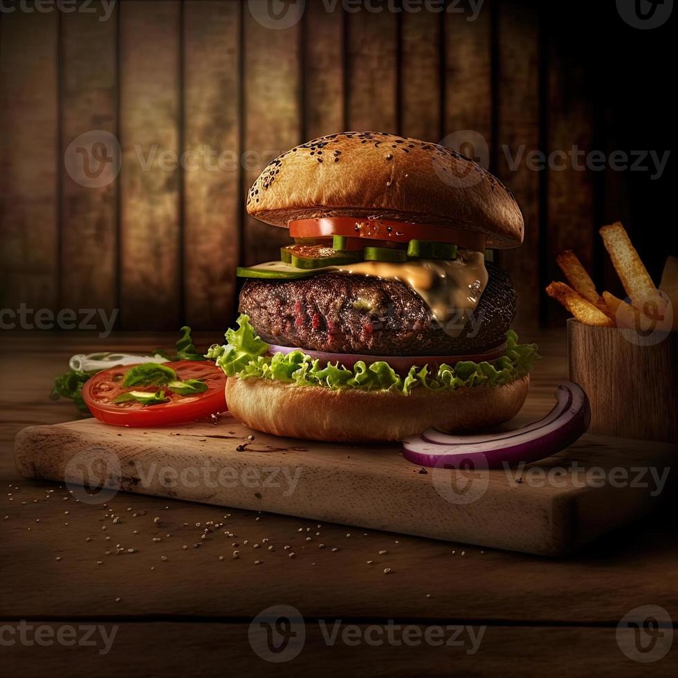 Delicious homemade steakburger on an old wooden table. Fat unhealthy food close-up. photo