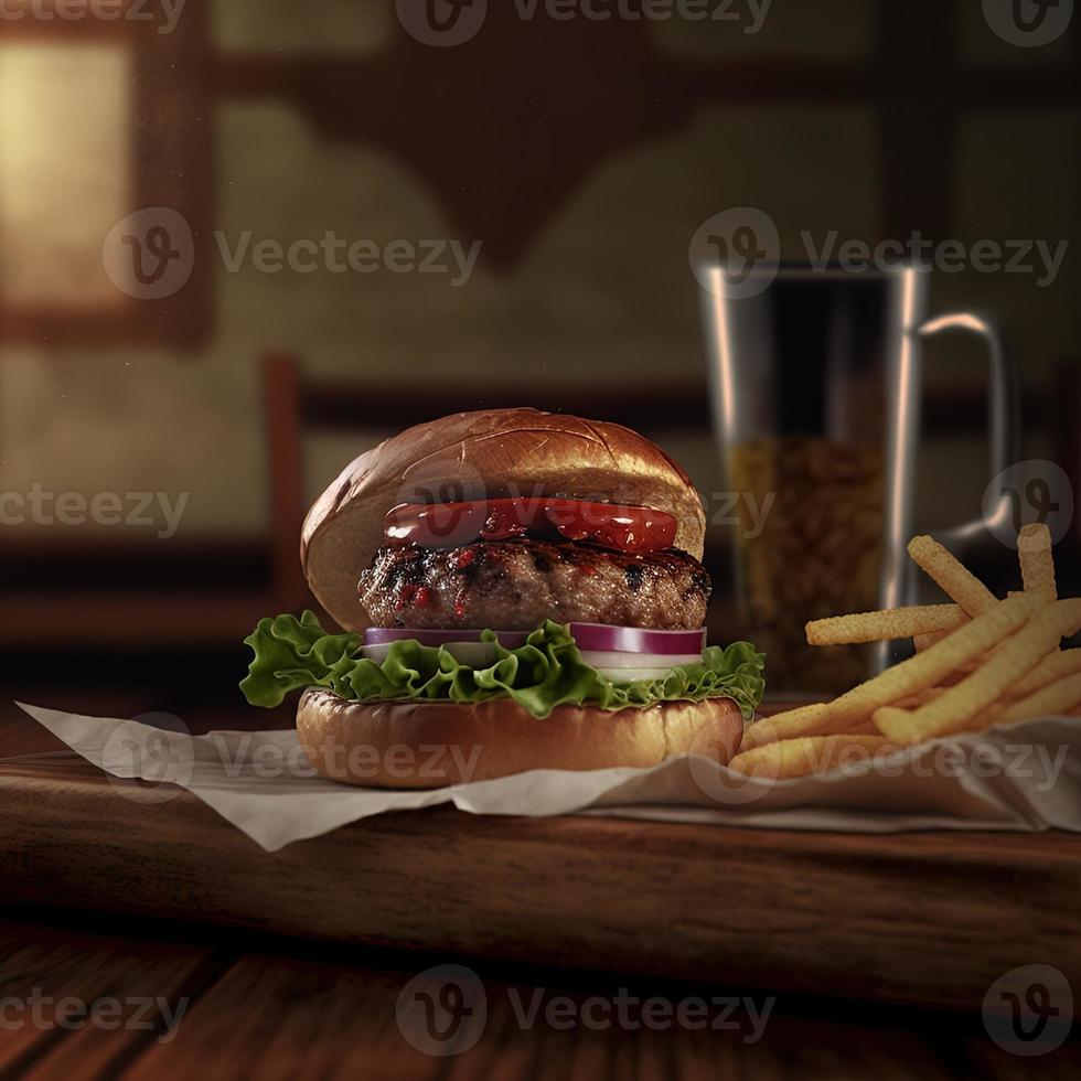 Delicious homemade steakburger on an old wooden table. Fat unhealthy food close-up. photo