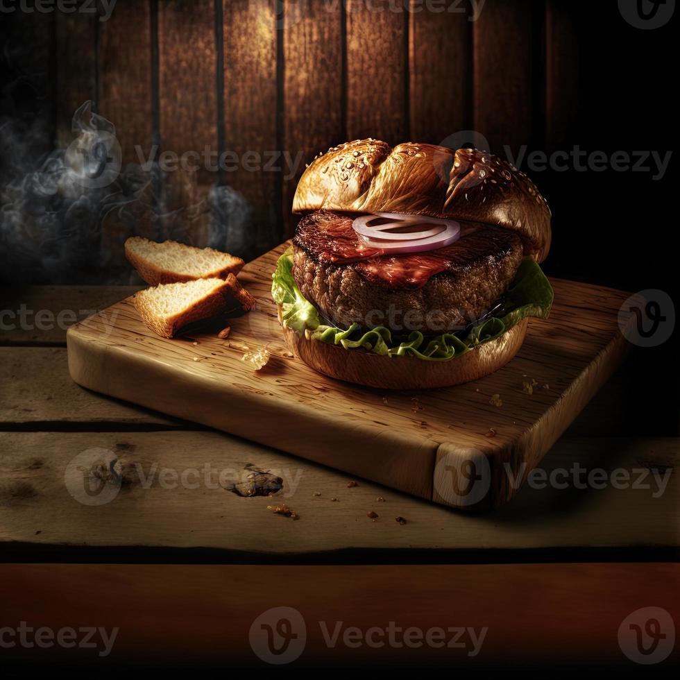 Delicious homemade steakburger on an old wooden table. Fat unhealthy food close-up. photo