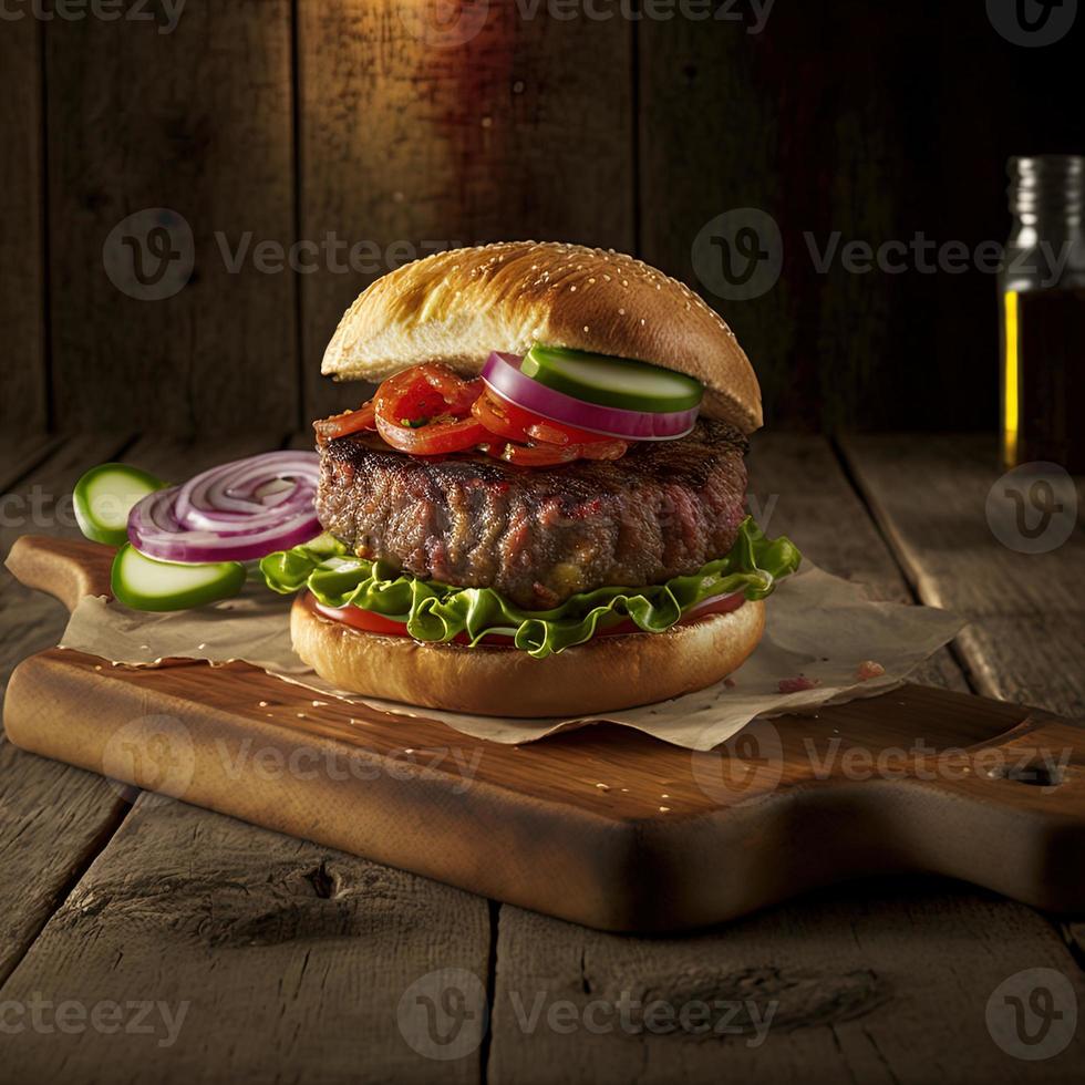 Delicious homemade steakburger on an old wooden table. Fat unhealthy food close-up. photo