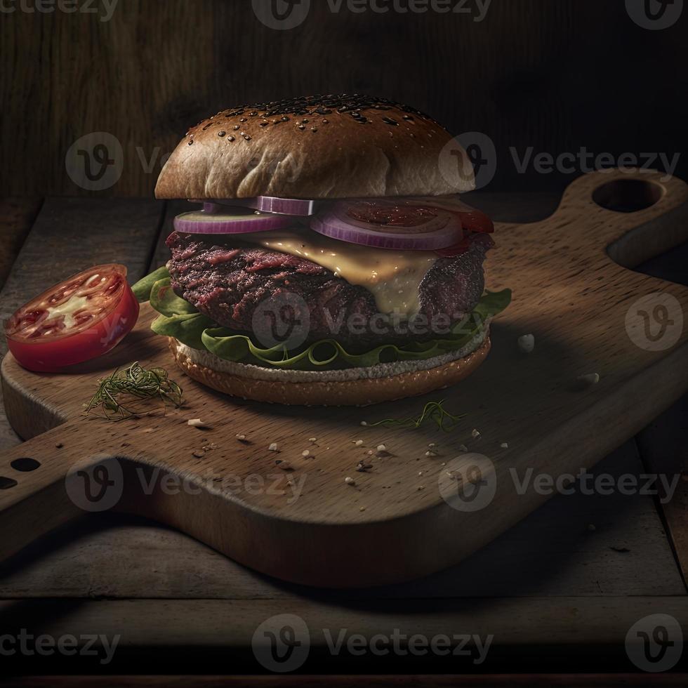 Delicious homemade steakburger on an old wooden table. Fat unhealthy food close-up. photo