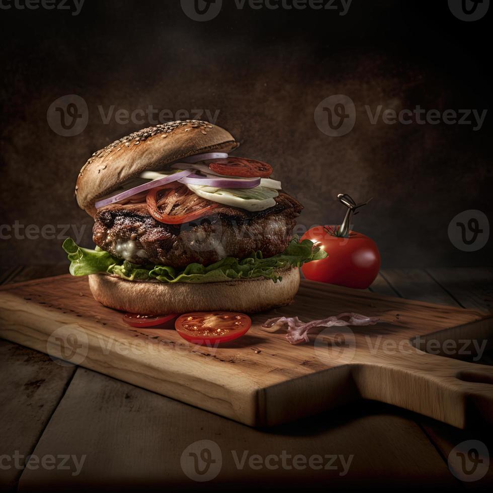 deliciosa hamburguesa casera en una mesa de madera antigua. primer plano de comida poco saludable grasa. foto