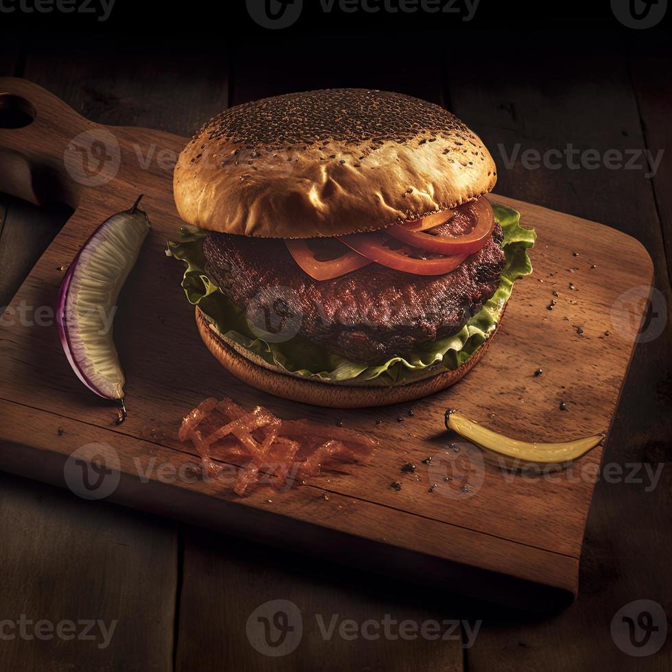 Delicious homemade steakburger on an old wooden table. Fat unhealthy food close-up. photo