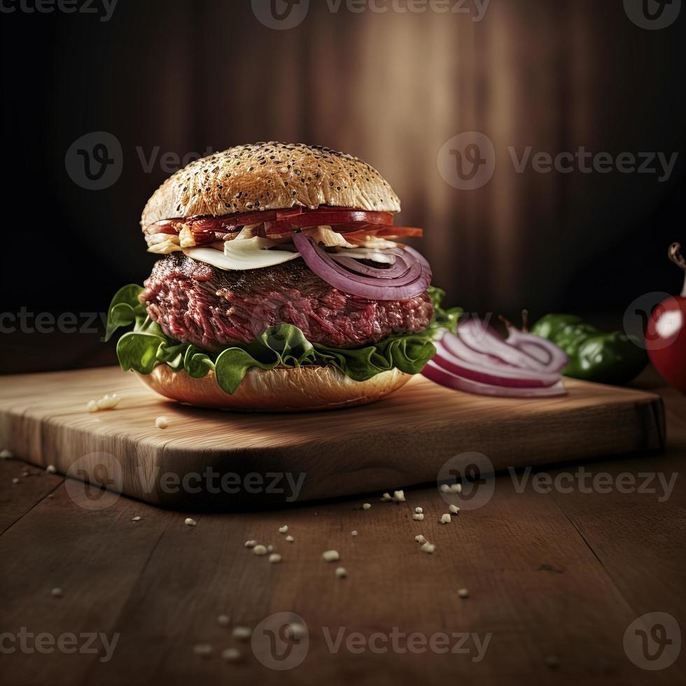 deliciosa hamburguesa casera en una mesa de madera antigua. primer plano de comida poco saludable grasa. foto