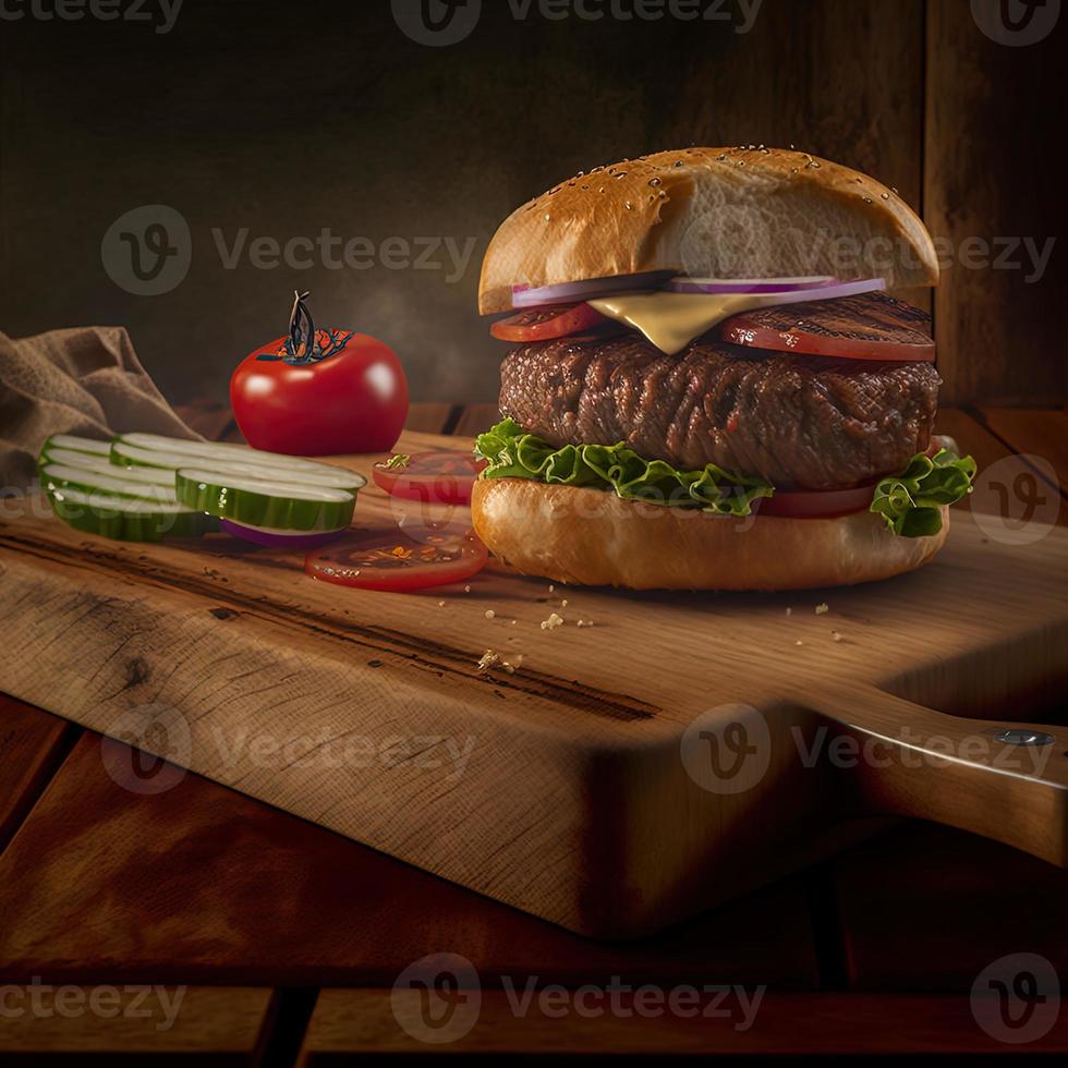 Delicious homemade steakburger on an old wooden table. Fat unhealthy food close-up. photo