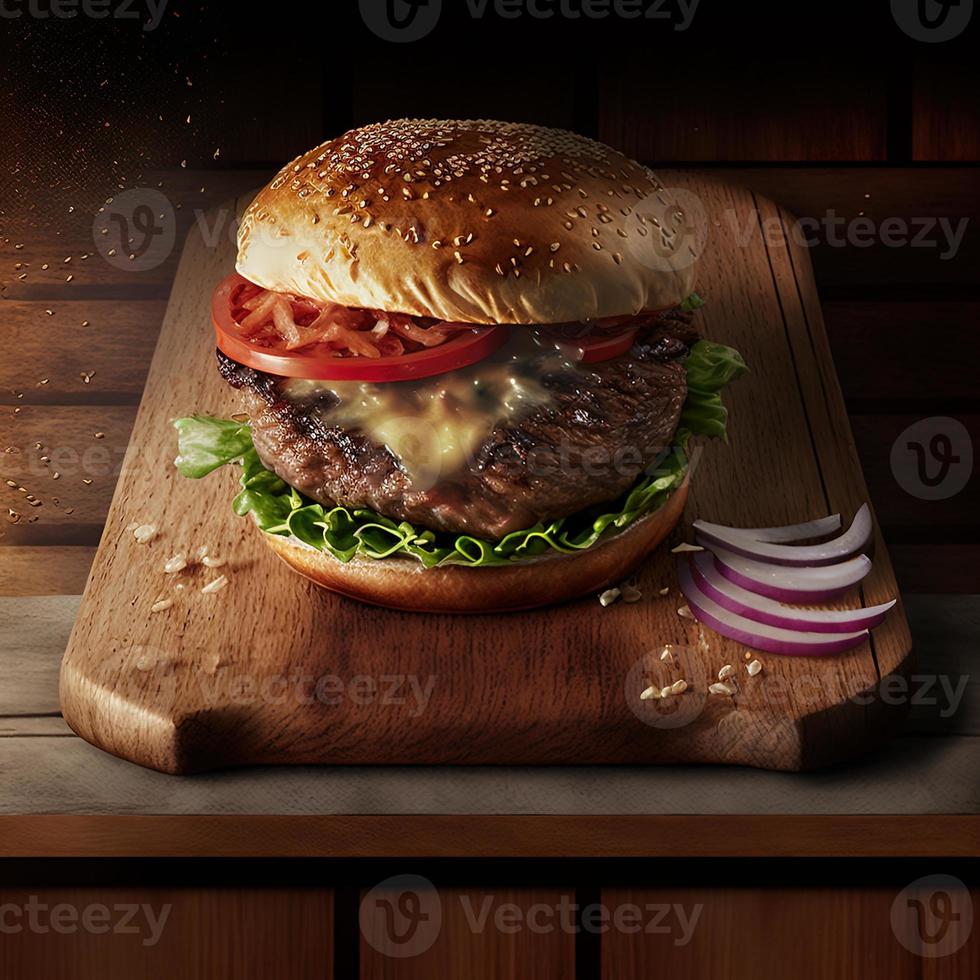 Delicious homemade steakburger on an old wooden table. Fat unhealthy food close-up. photo