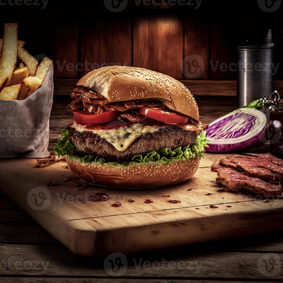 Delicious homemade steakburger on an old wooden table. Fat unhealthy food close-up. photo