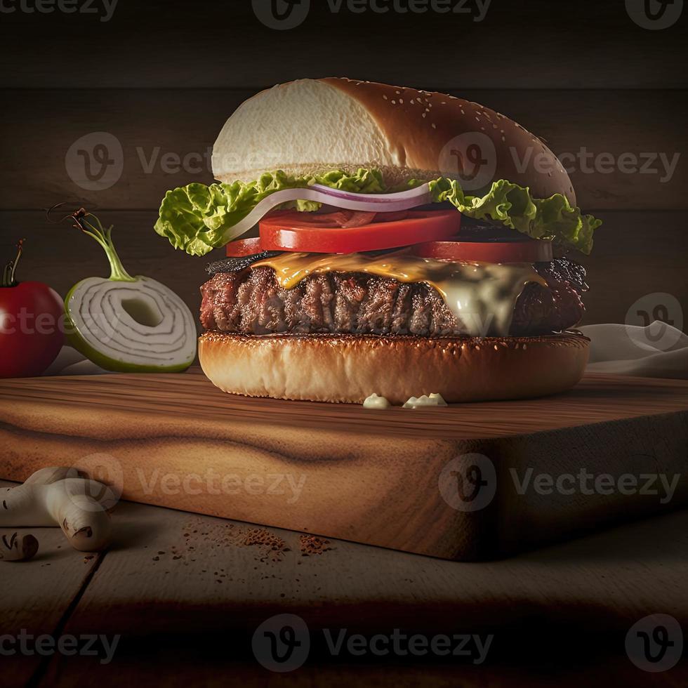 Delicious homemade steakburger on an old wooden table. Fat unhealthy food close-up. photo