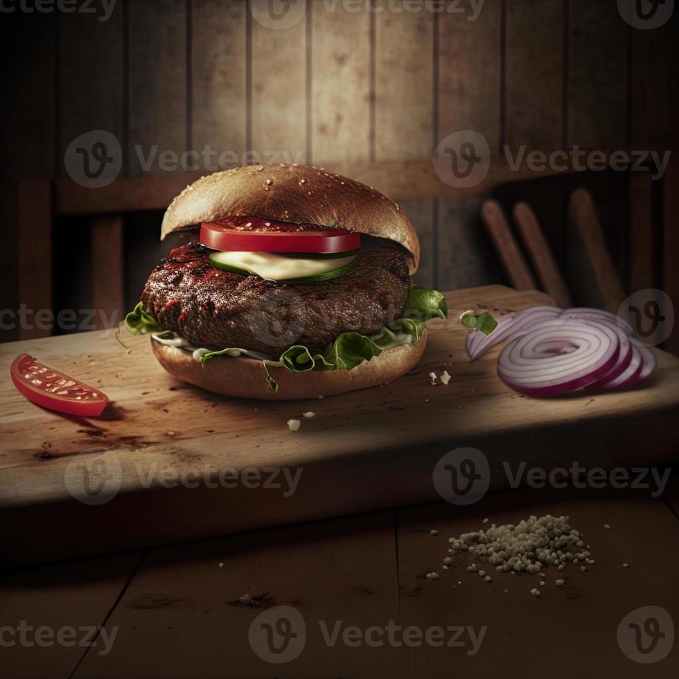 Delicious homemade steakburger on an old wooden table. Fat unhealthy food close-up. photo