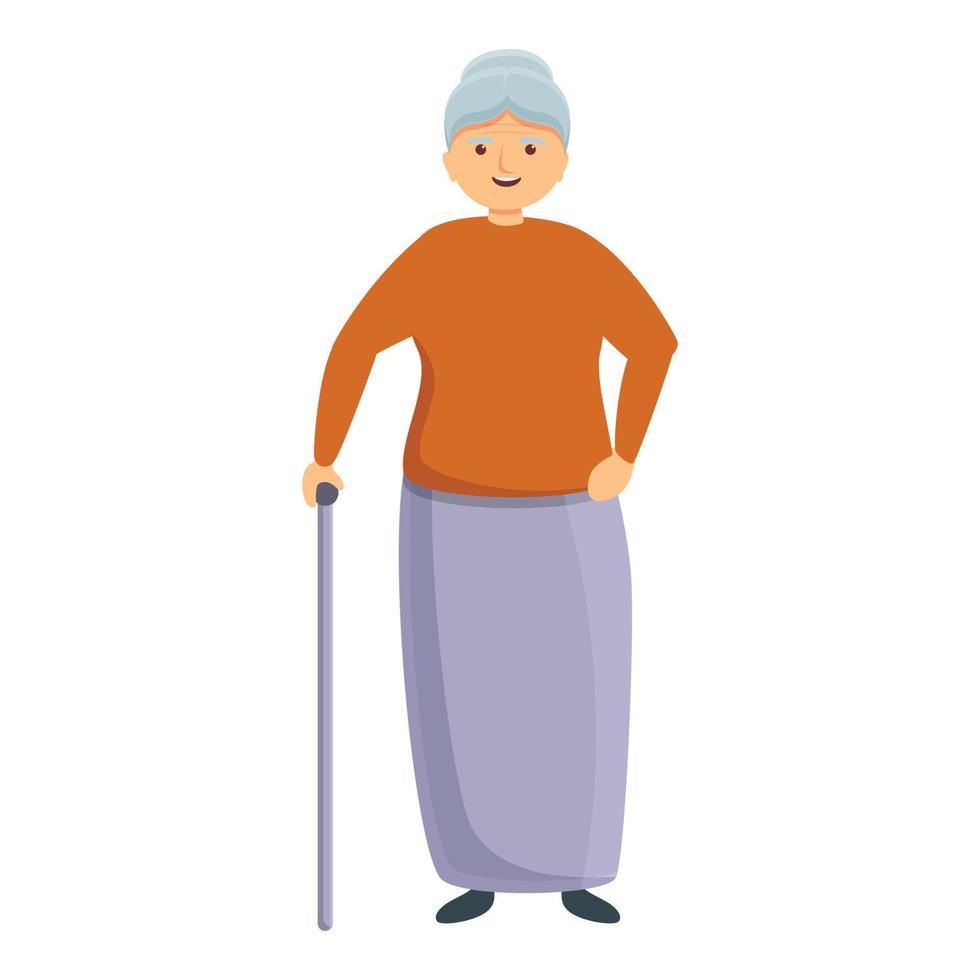 Smiling granny with walking stick icon, cartoon style vector