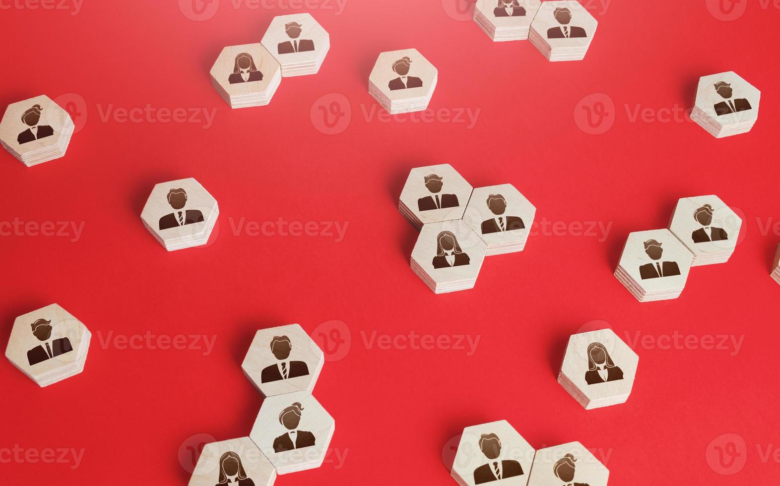 Hexagonal figures of business people. Hiring new employees and recruiting staff. Personnel management. Find candidate for an open role job. Society and social groups. Public relations. Human resources photo
