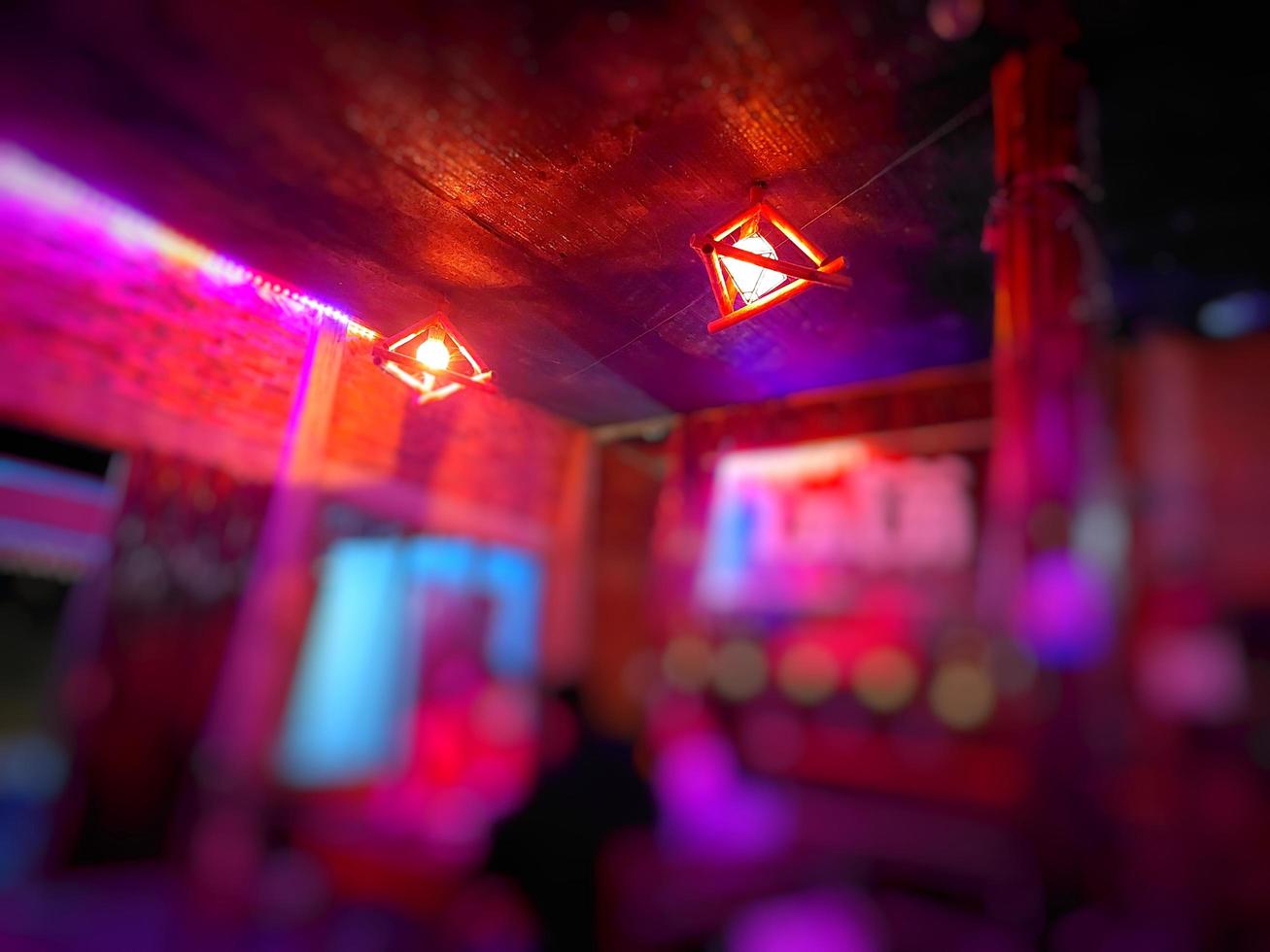 Blurred or Defocus image of Coffee Shop or Bar beer shop, restuarant or Cafeteria at night for use as Background. photo