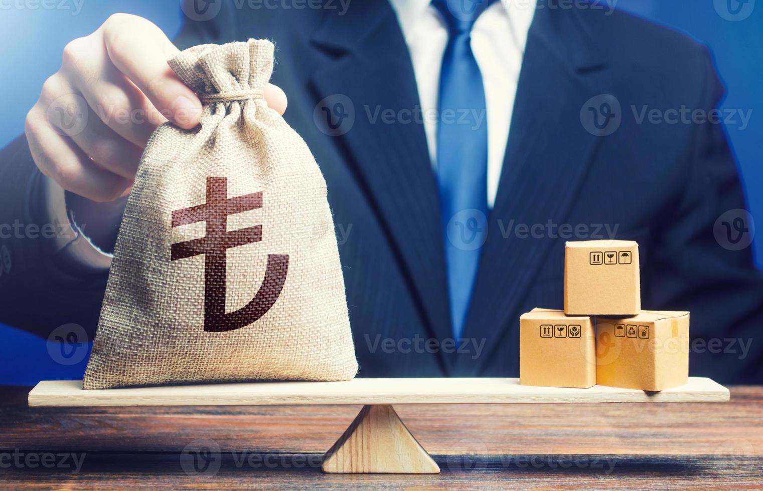Turkish lira money bag and boxes on scales. Trade balance and