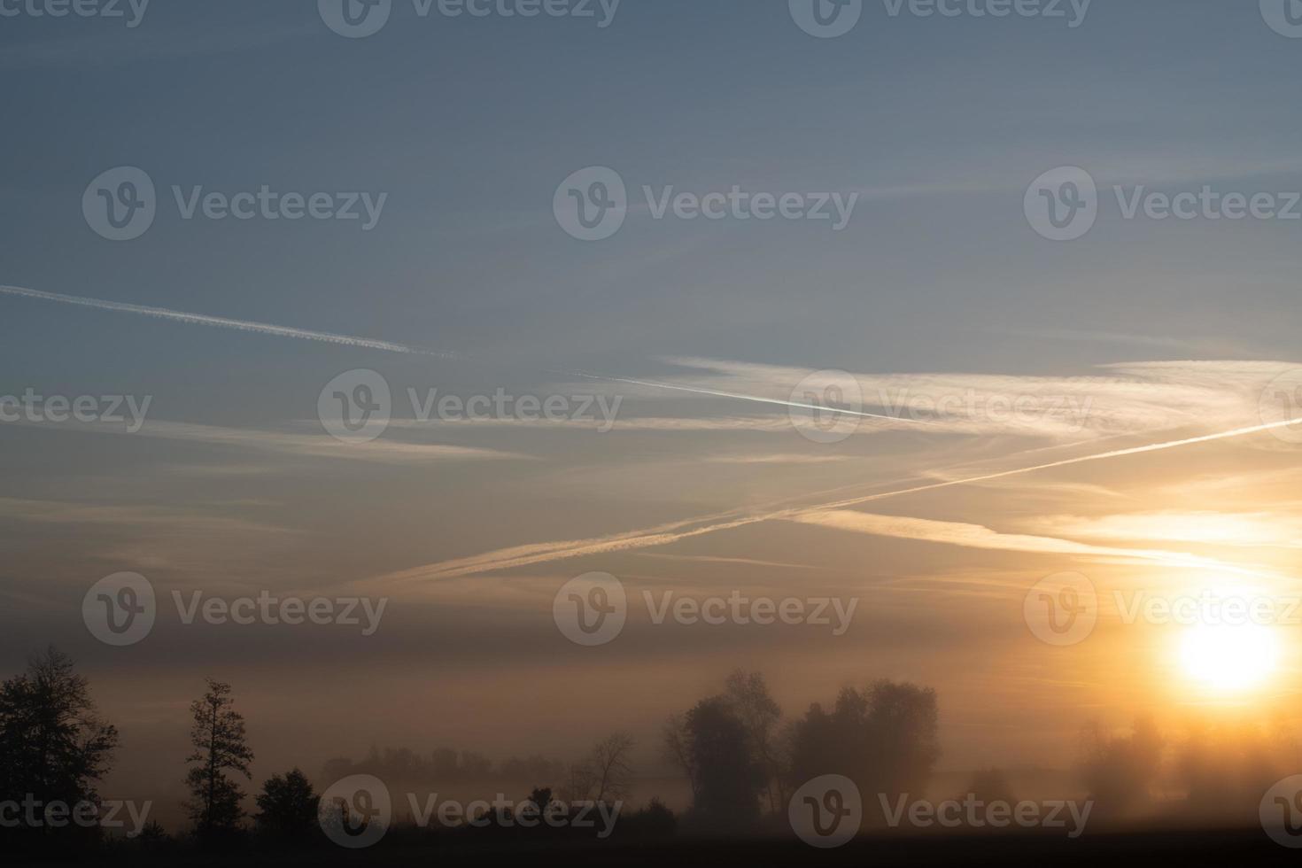 The sun rises behind a fog bank. The sky glows blue and orange. The trees appear faint in the fog. photo