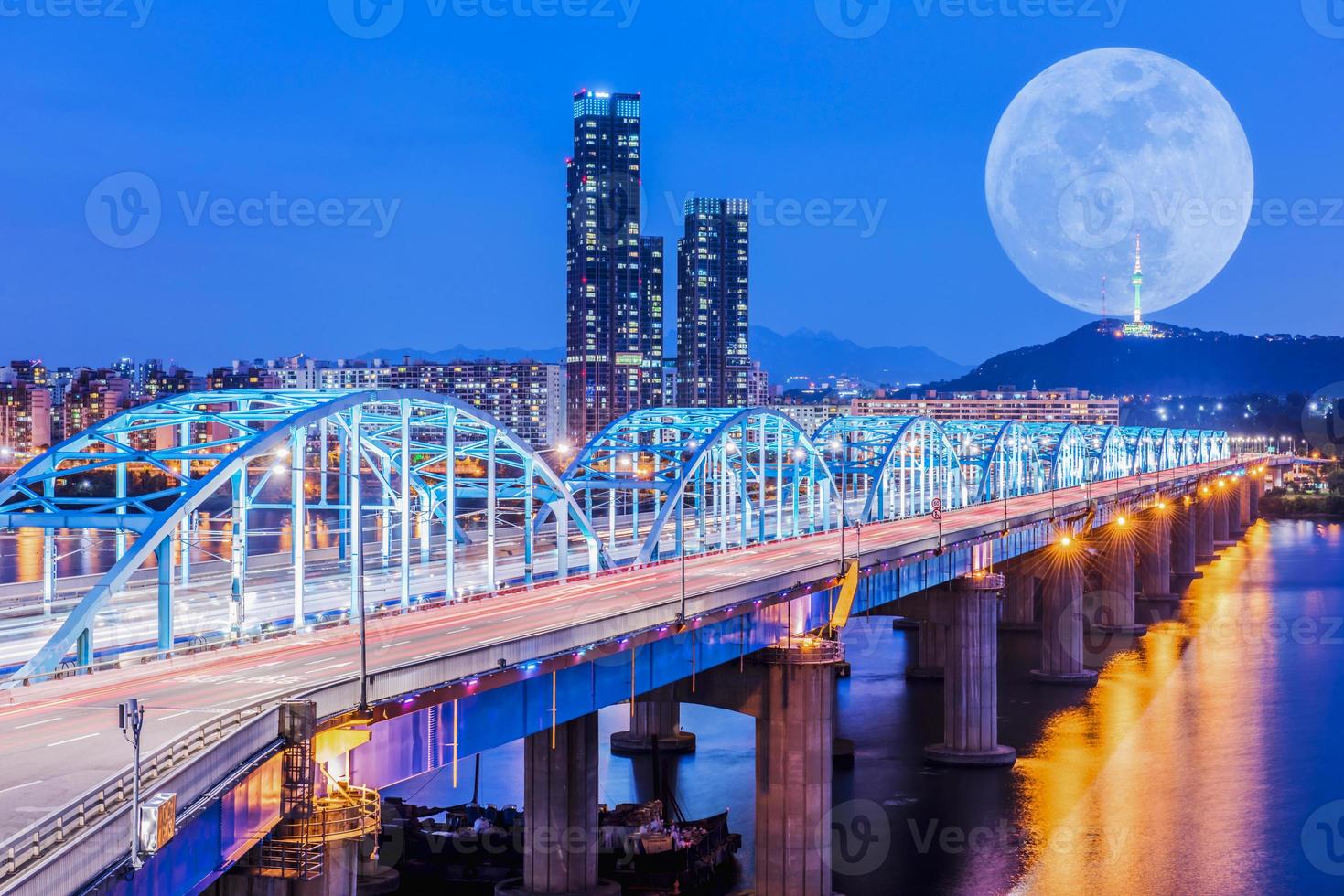 Korea,Seoul at night, South Korea city skyline at Dongjak Bridge Han river in Seoul , South Korea. photo